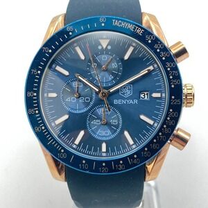 Benyar Men's Chronograph Watch 44mm Rose Gold Tone Date Navy Blue New Battery
